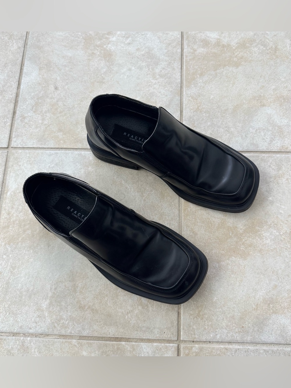Reaction Kenneth Cole Black Leather Square-Toe Slip-On Loafers Mens 8